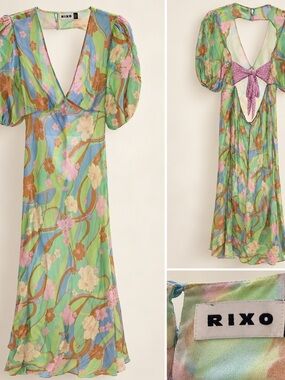 RIXO Green Floral Midi Dress with Puff Sleeves and Open Back Bow